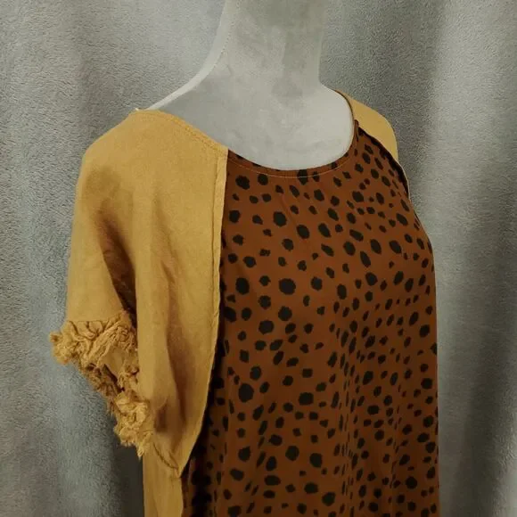 Umgee Blouse Womens Large Brown Linen Blend Raw Hem Cheetah Leopard Animal Print - Picture 8 of 10